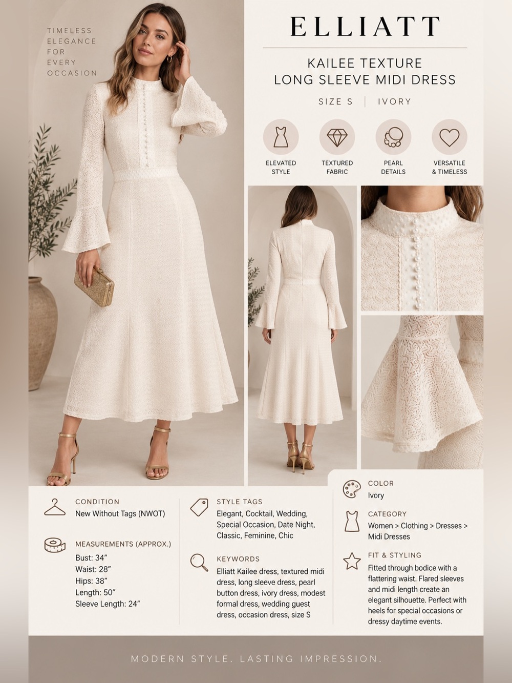 Elliatt Kailee Texture Long Sleeve Midi Dress Ivory Size Large NWOT